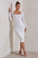 White Long Sleeve Square Neck Ruched Midi Dress